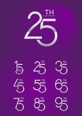 set of anniversary logo style silver color overlapping number on purple background for celebration
