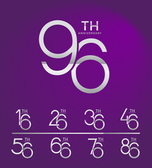 set of anniversary logo style silver color overlapping number on purple background for celebration