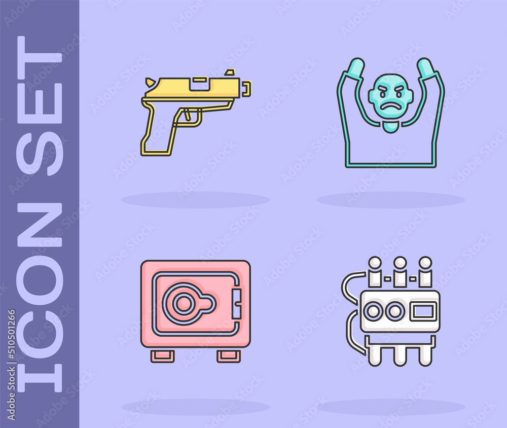 Poster set dynamite and timer clock, pistol or gun, safe and thief surrendering hands up icon. vector