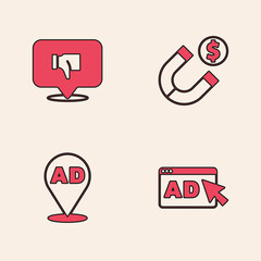 Set Advertising, Dislike speech bubble, Magnet with money and icon. Vector