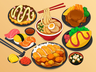 Traditional japanese meal set. (Omelet, Sushi, Katsu curry rice, Okonomiyaki, Miso ramen and Hamburg)
Japanese food menu collection illustration vector.