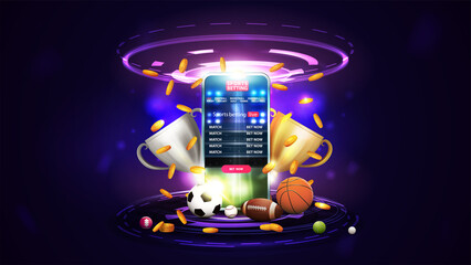Sports betting, purple banner with smartphone, champion cups, falling gold coins, sport balls and hologram of digital rings in dark empty scene