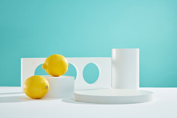 Front view of white podium and stairway lemon with blank space in blue background abstract content