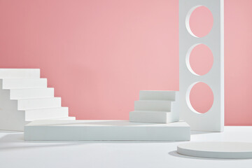 Front view of white podium and stairway with blank space in pink background abstract content