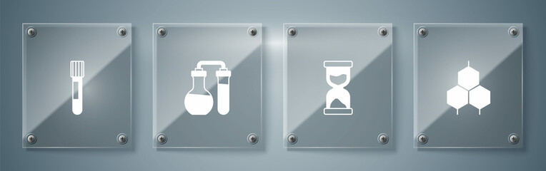 Set Chemical formula, Old hourglass, Test tube and . Square glass panels. Vector