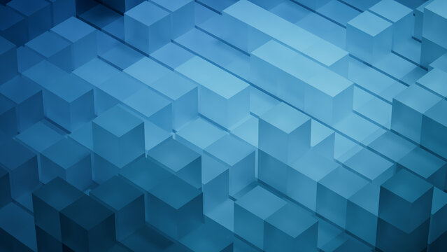Innovative Tech Background with Precisely Constructed Translucent Cubes. Blue, 3D Render.