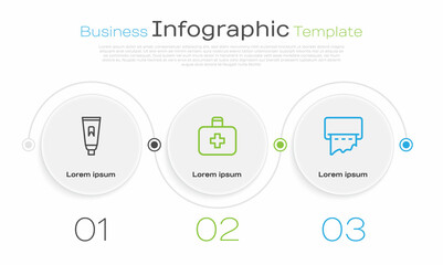 Set line Tube of toothpaste, First aid kit and Paper towel dispenser on wall. Business infographic template. Vector