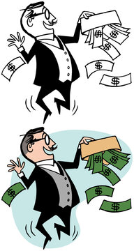 A vintage retro cartoon of a businessman emptying an envelope full of dollar bills. 