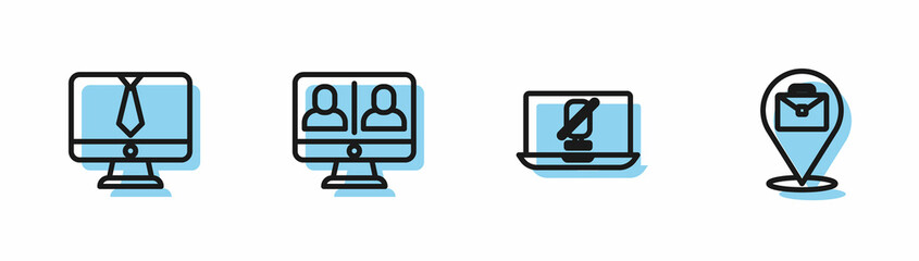Set line Mute microphone on laptop, Video chat conference, and Online working icon. Vector