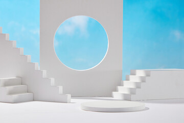 Front view of white podium and stairway with blank space in blue cloudy sky background abstract...