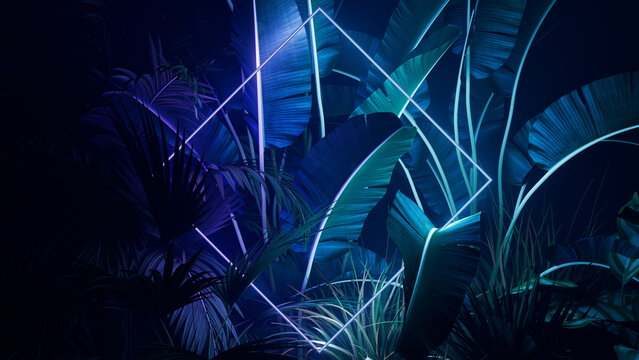 Tropical Leaves Illuminated with Purple and Green Fluorescent Light. Exotic Environment with Diamond shaped Neon Frame.