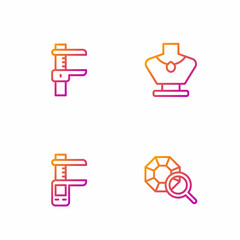 Set line Gem stone, Calliper or caliper and scale, and Necklace mannequin. Gradient color icons. Vector