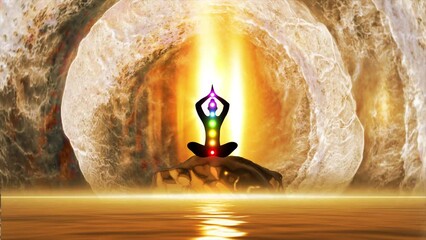 silhouette of people meditating in the middle of the beach with energy effect in