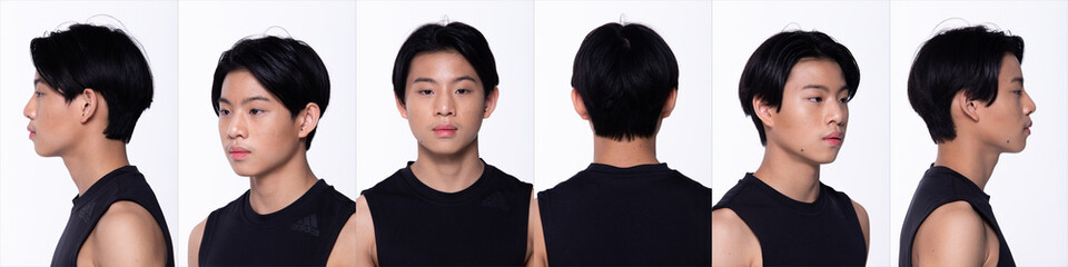Fototapeta premium Half body Face of Asian Teenager Boy, 360 front side rear back view, wear black shirt short pant