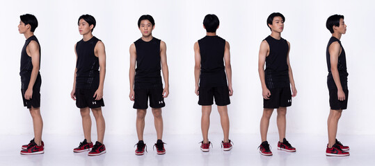 Full length Asian Teenager Boy, 360 front side rear back view, wear black shirt short pant sneaker