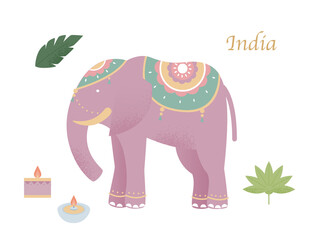 Cute elephant adorned with indian traditional pattern. eid mubarak. flat design style vector illustration.