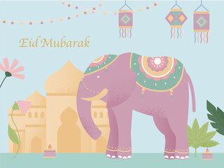 Naklejka premium Eid Mubarak banner poster. Decorated elephants, festive lanterns and Muslim mosques. flat design style vector illustration.
