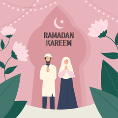 A man and a woman in traditional Arabic costumes are praying. Flowers are decorated around it. traditional background. flat design style vector illustration.