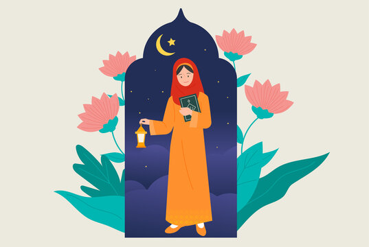 muslim woman holding lantern and book, night scene clip art preview