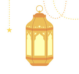 yellow color lantern and gold string with beautiful Arabic patterns. flat design style vector illustration.
