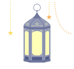 dark blue color lantern and gold string with beautiful Arabic patterns. flat design style vector illustration.