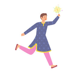 A man in traditional Indian costume is rejoicing with a sparkler in his hand. flat design style vector illustration.