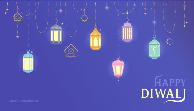 A beautiful lantern hangs on a dark background. Diwali festival banner. flat design style vector illustration.