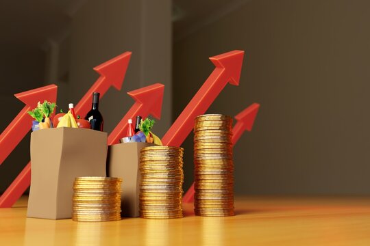Inflation, prices rise concept. Groceries bags, coin stacks and red arrows representing the increase in the cost of living. Digital 3D rendering.