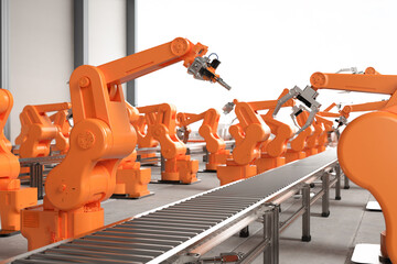 Automation industry concept with robot assembly line in  factory