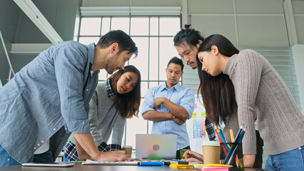 Young creative design meeting brainstorm ideas to plan and develop project together in office, Small business startup coworker, colleagues working  for the small business solution