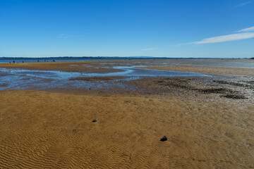 View across an expanse of rippled sand at low tide, with people walking, and Waterloo Bay in the distance. 