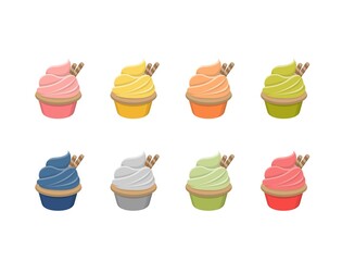 8 colorful cupcakes, delicious and sweet baked, for menu design