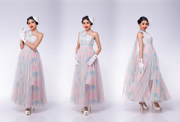 Full length of Young Asian 20s Beautiful Woman, look at camera, wear Sparkling Sequin Evening Gown high heels shoes