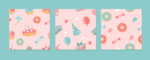 set of vector seamless patterns on the theme of the holiday, birthday and party. Patterns with cakes, cupcakes, sweets, balloons.