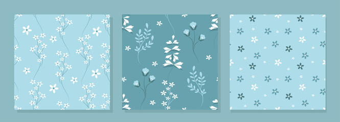 set of vector seamless patterns with meadow flowers in gentle blue tones