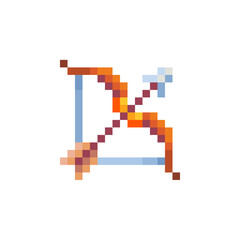 Obraz premium Bow and arrow. Medievalist weapons. Сrossbow weapon pixel art style icon, isolated vector illustration. Design for sticker, mobile app and logo. Game assets 8-bit sprite.