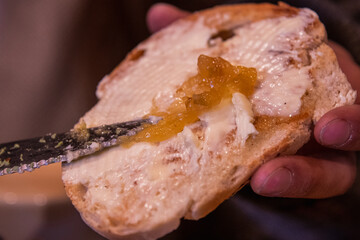 typical snack or breakfast with coffee with milk