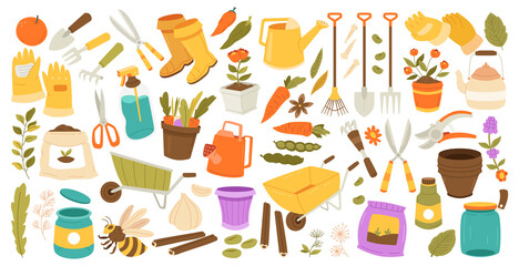 Hand drawn doodle set of Gardening icons Elements Tools or Equipments, Vector illustration set. scissors, boots, hedge, shears, hedge shears, fork, rake, grass, watering can, wheelbarrow.