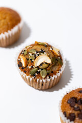 Homemade banana cup cake on white background.