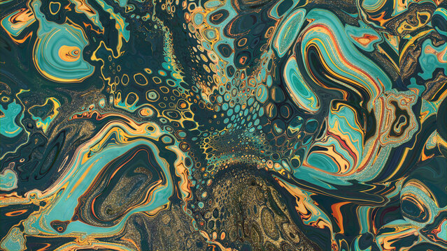 Beautiful Green and Orange Paint Swirls with Gold Powder. Abstract Marbling Background.