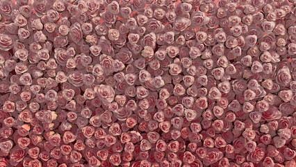 Red, Bright Wall background with Roses. Beautiful, Floral Wallpaper with Romantic, Elegant flowers. 3D Render