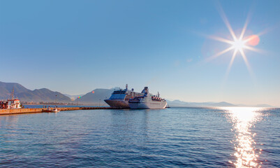 White giant luxury cruise ship on stay at Alanya harbor - Alanya, Antalya