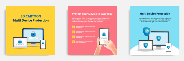 Social media tutorial, tips post banner layout template in 3D cartoon style. Multidevice security protection concept. Vector design illustration