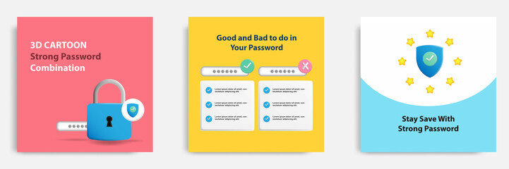 Social media tutorial, tips post banner layout template in 3D cartoon style. Strong password combination concept. Vector design illustration