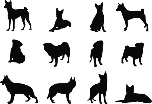 Vector dog silhouettes on isolated white background. Icon set.