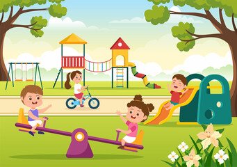 Obraz na płótnie Canvas Children Playground with Swings, Slide, Climbing Ladders and More in the Amusement Park for Little Ones to Play in Flat Cartoon Illustration