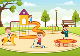 Obraz na płótnie Canvas Children Playground with Swings, Slide, Climbing Ladders and More in the Amusement Park for Little Ones to Play in Flat Cartoon Illustration