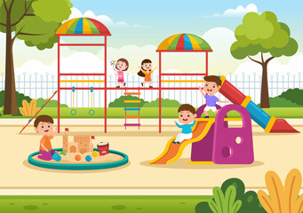 Children Playground with Swings, Slide, Climbing Ladders and More in the Amusement Park for Little Ones to Play in Flat Cartoon Illustration