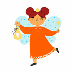Cute tooth fairy with a tooth pouch. Vector illustration