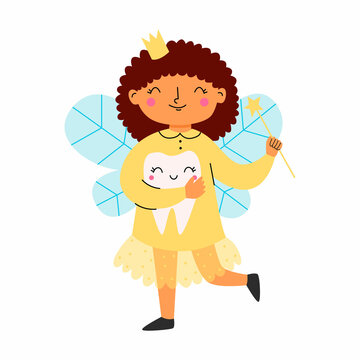 Cute tooth fairy holding a tooth in her hands. Vector illustration